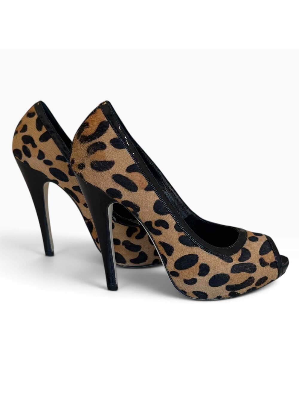 Kathryn Amberleigh Leopard Calf Hair Peep Toe Stiletto Heels—Size 6.5
